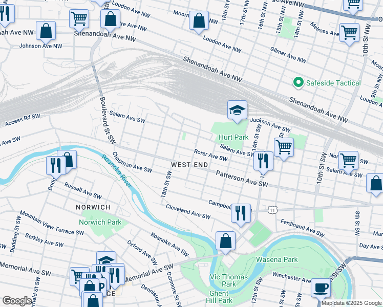 map of restaurants, bars, coffee shops, grocery stores, and more near 1715 Rorer Avenue Southwest in Roanoke