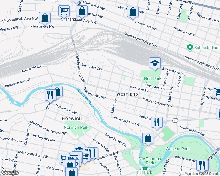 map of restaurants, bars, coffee shops, grocery stores, and more near 1825 Patterson Avenue Southwest in Roanoke