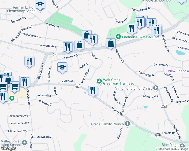 map of restaurants, bars, coffee shops, grocery stores, and more near 420 Bush Drive in Vinton