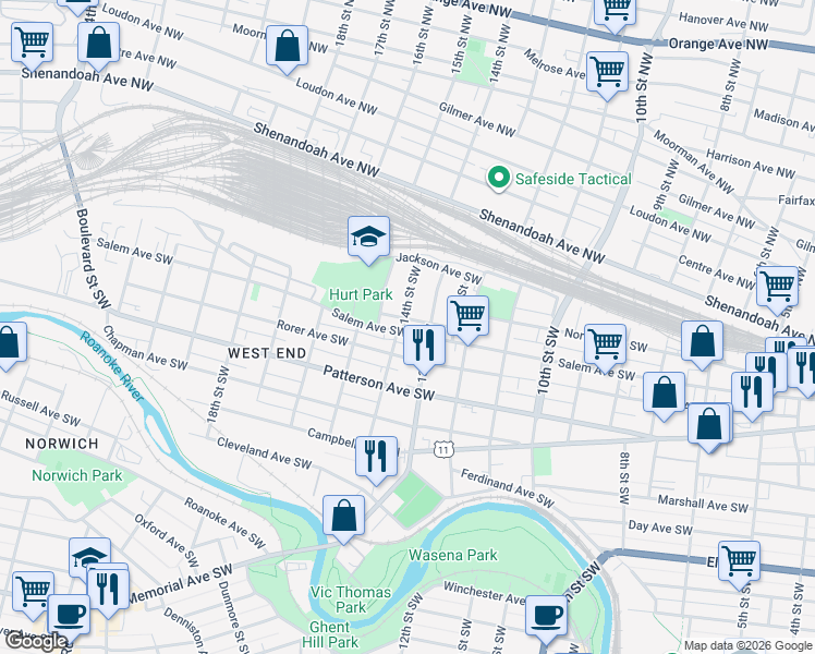 map of restaurants, bars, coffee shops, grocery stores, and more near 106 14th Street Southwest in Roanoke
