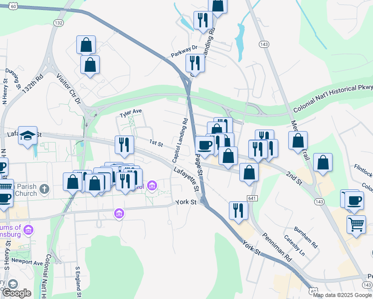 map of restaurants, bars, coffee shops, grocery stores, and more near 311 Capitol Landing Road in Williamsburg