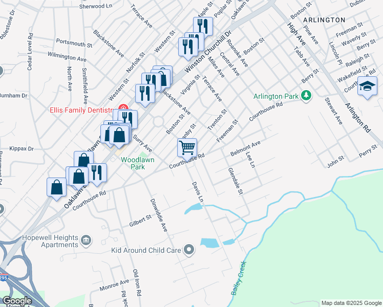 map of restaurants, bars, coffee shops, grocery stores, and more near 3318 Trenton Street in Hopewell