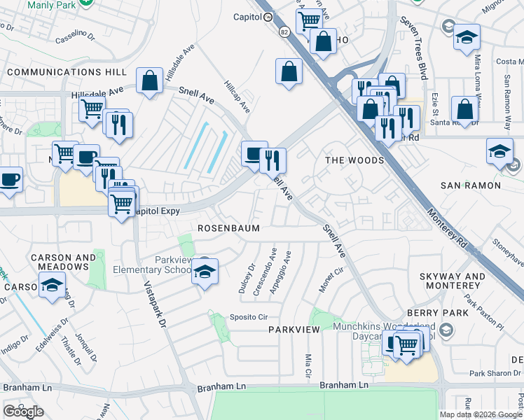 map of restaurants, bars, coffee shops, grocery stores, and more near in San Jose