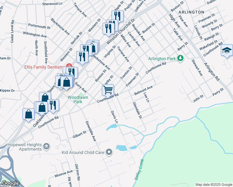 map of restaurants, bars, coffee shops, grocery stores, and more near 3305 Courthouse Road in Hopewell