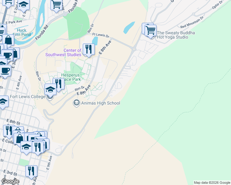 map of restaurants, bars, coffee shops, grocery stores, and more near 756 County Road 238 in Durango