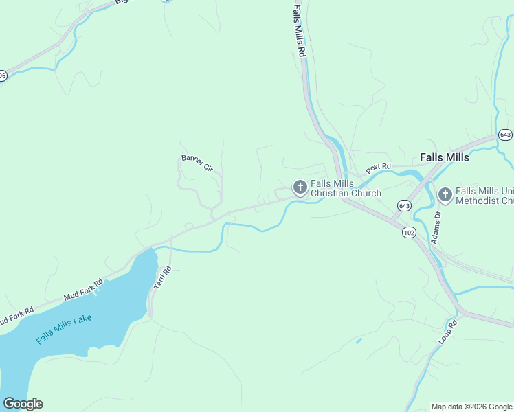 map of restaurants, bars, coffee shops, grocery stores, and more near Mud Fork Road in Falls Mills