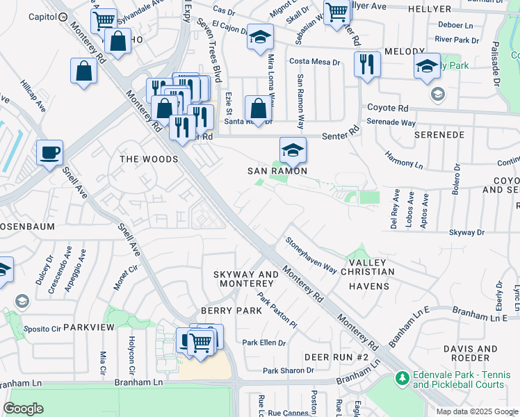map of restaurants, bars, coffee shops, grocery stores, and more near 4320 Monterey Road in San Jose