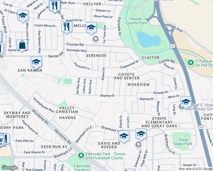 map of restaurants, bars, coffee shops, grocery stores, and more near 4638 Paloma Avenue in San Jose