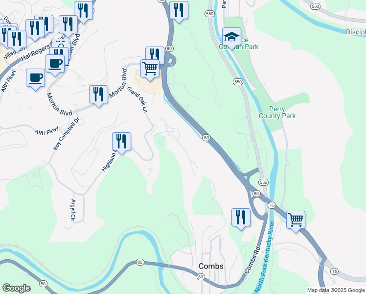 map of restaurants, bars, coffee shops, grocery stores, and more near Adams Ridge Road in Hazard