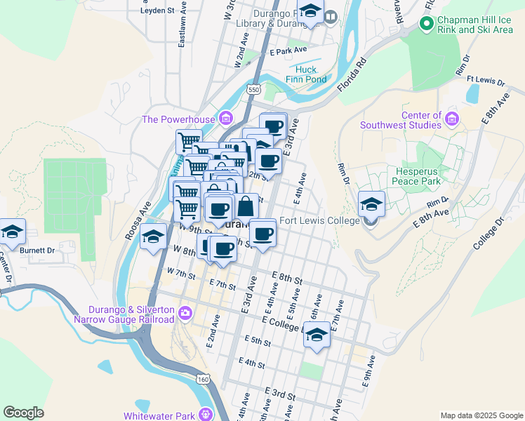 map of restaurants, bars, coffee shops, grocery stores, and more near 1060 East 2nd Avenue in Durango