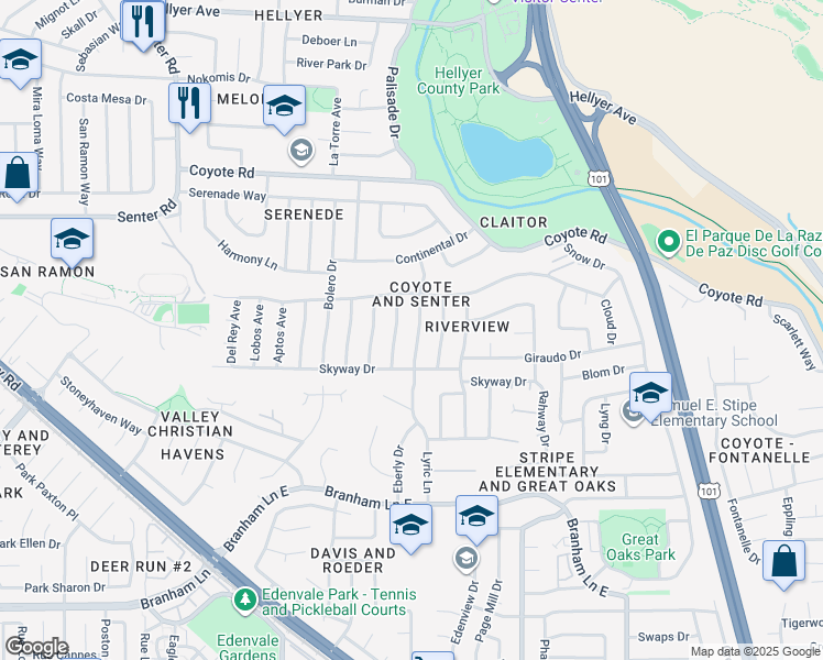 map of restaurants, bars, coffee shops, grocery stores, and more near 4719 Mendoza Avenue in San Jose