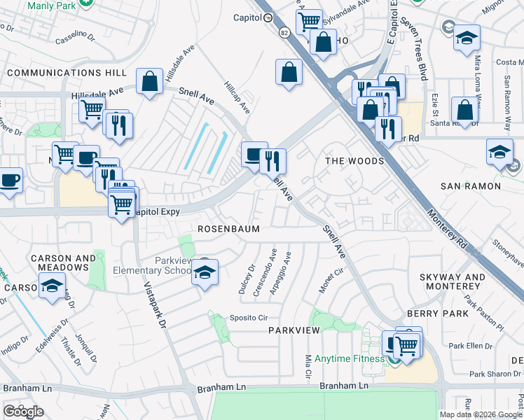 map of restaurants, bars, coffee shops, grocery stores, and more near in San Jose