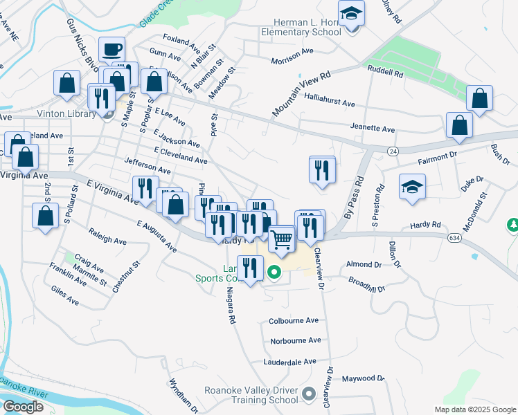 map of restaurants, bars, coffee shops, grocery stores, and more near 913 Cottage Avenue in Vinton