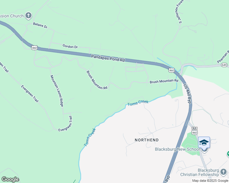 map of restaurants, bars, coffee shops, grocery stores, and more near 425 Brush Mountain Road in Blacksburg