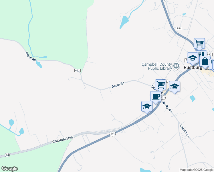 map of restaurants, bars, coffee shops, grocery stores, and more near 507 Depot Road in Rustburg