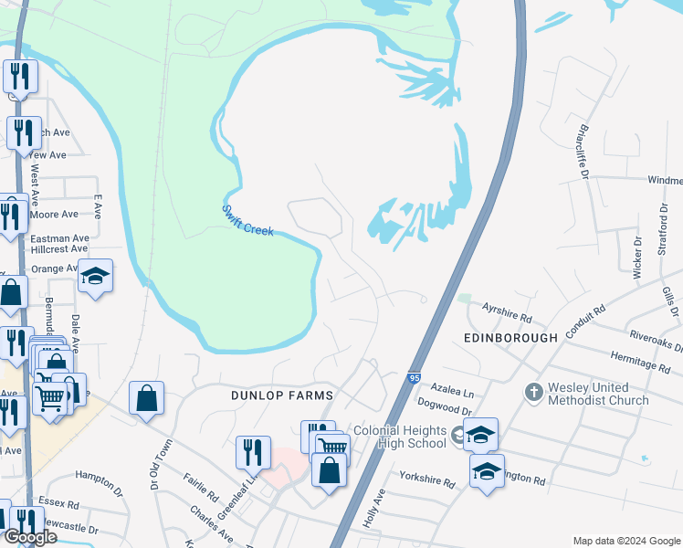 map of restaurants, bars, coffee shops, grocery stores, and more near 105 Creff Lane in Colonial Heights