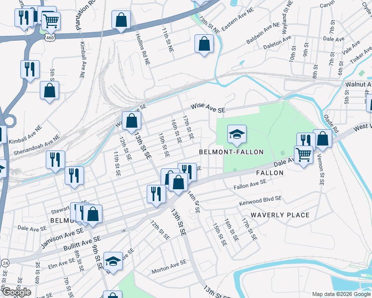 map of restaurants, bars, coffee shops, grocery stores, and more near 1614 Church Avenue Southeast in Roanoke