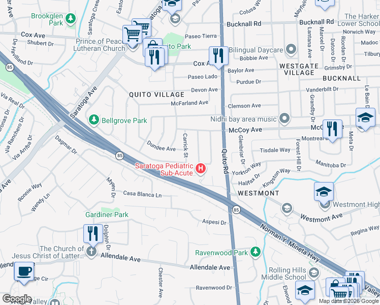 map of restaurants, bars, coffee shops, grocery stores, and more near 13253 Berwick Street in Saratoga