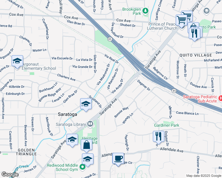 map of restaurants, bars, coffee shops, grocery stores, and more near 13271 Via Arriba Drive in Saratoga