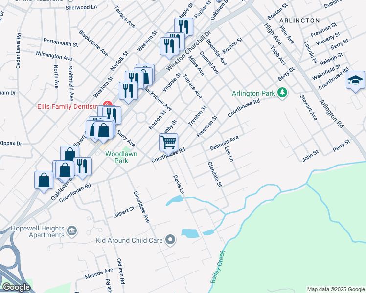 map of restaurants, bars, coffee shops, grocery stores, and more near 3305 Courthouse Road in Hopewell