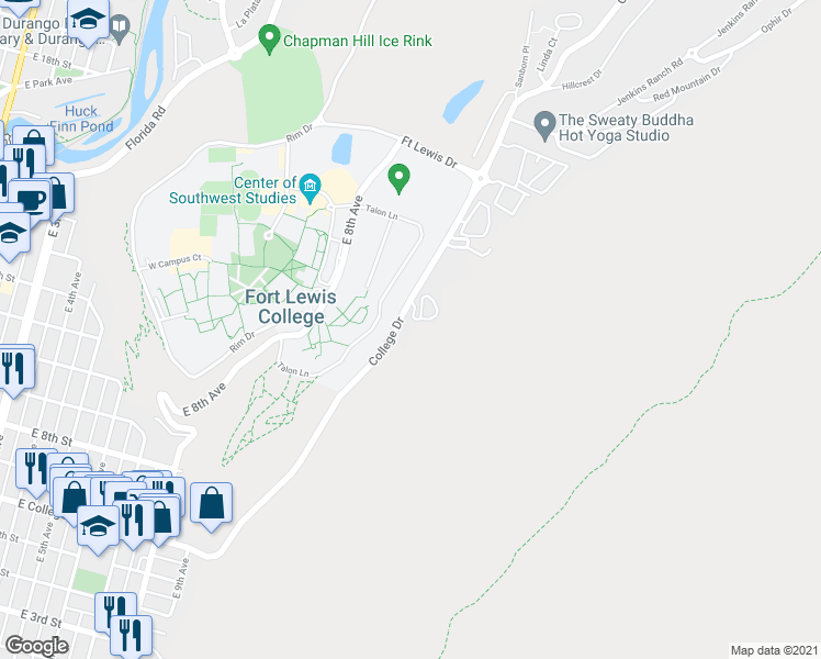 map of restaurants, bars, coffee shops, grocery stores, and more near 756 County Road 238 in Durango