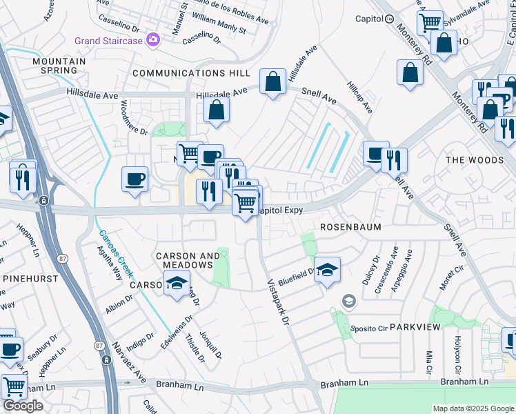 map of restaurants, bars, coffee shops, grocery stores, and more near Capitol Expressway & Vistapark Drive in San Jose
