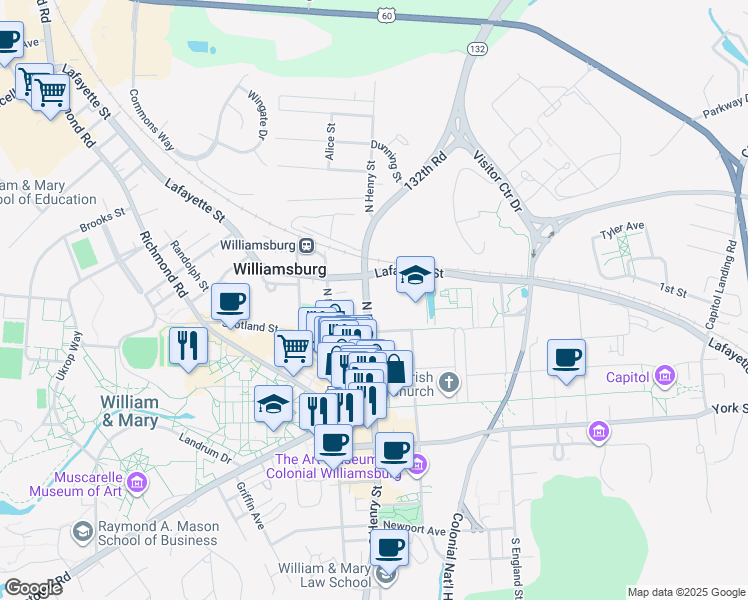 map of restaurants, bars, coffee shops, grocery stores, and more near 331 North Henry Street in Williamsburg