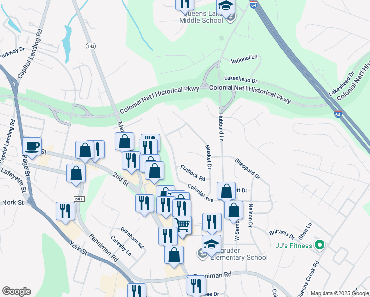 map of restaurants, bars, coffee shops, grocery stores, and more near 312 Sheppard Drive in Williamsburg