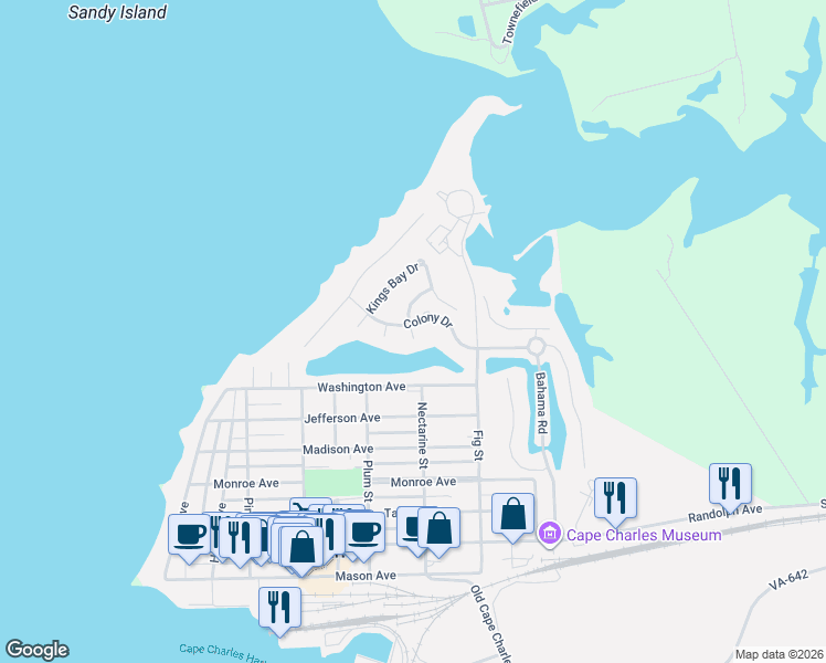map of restaurants, bars, coffee shops, grocery stores, and more near 1 Crystal Lake Court in Cape Charles