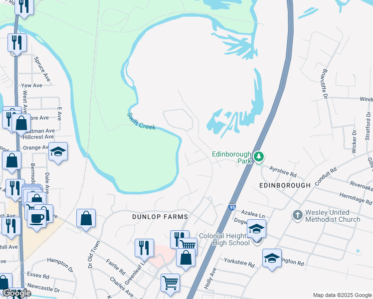 map of restaurants, bars, coffee shops, grocery stores, and more near 101 Creff Lane in Colonial Heights