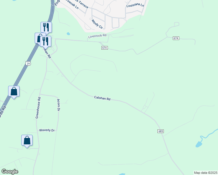 map of restaurants, bars, coffee shops, grocery stores, and more near 1083 Calohan Road in Rustburg