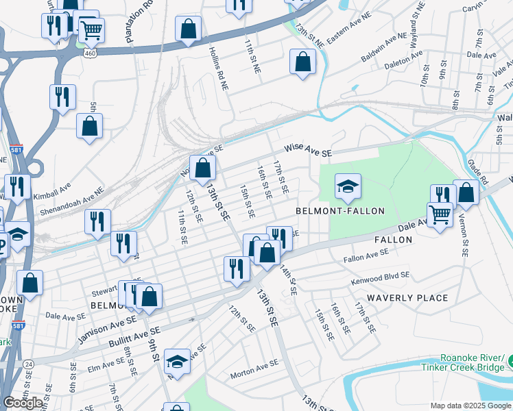 map of restaurants, bars, coffee shops, grocery stores, and more near 1513 Kirk Avenue Southeast in Roanoke