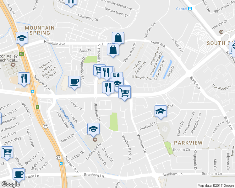 map of restaurants, bars, coffee shops, grocery stores, and more near 3975 Vistapark Drive in San Jose