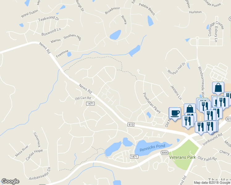 map of restaurants, bars, coffee shops, grocery stores, and more near 4424 Pleasant View Drive in Williamsburg