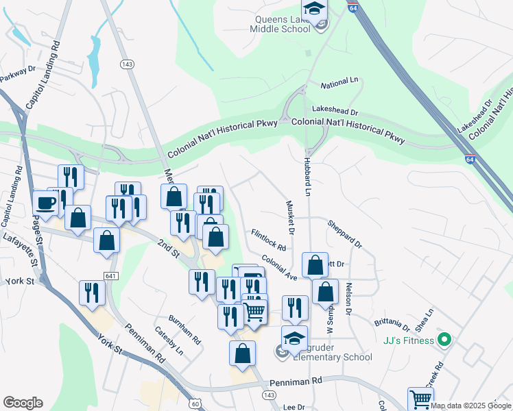 map of restaurants, bars, coffee shops, grocery stores, and more near 312 Sheppard Drive in Williamsburg