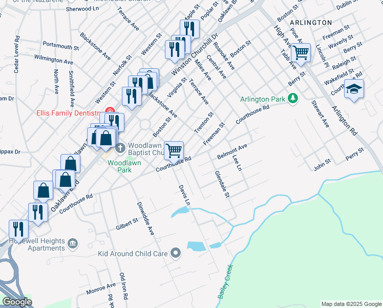 map of restaurants, bars, coffee shops, grocery stores, and more near 3318 Trenton Street in Hopewell