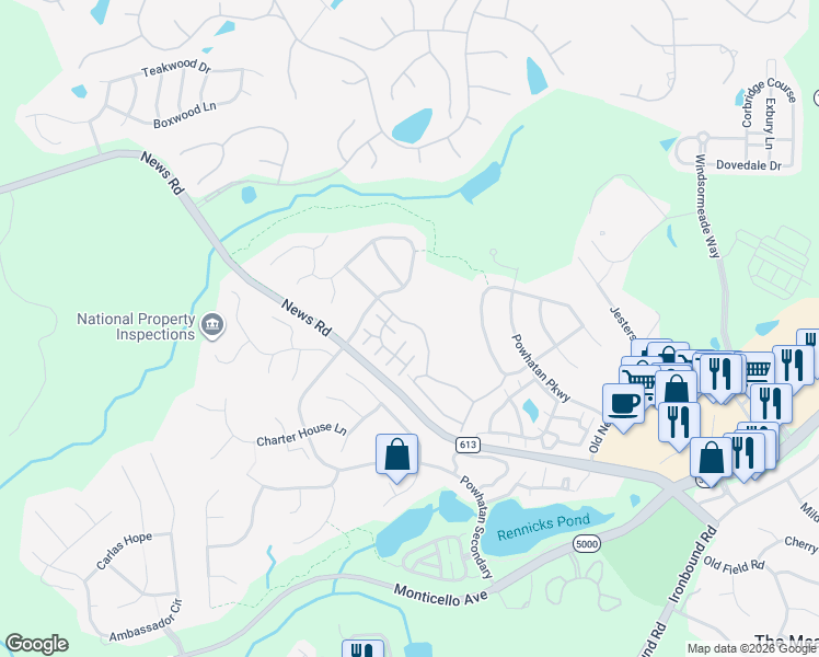 map of restaurants, bars, coffee shops, grocery stores, and more near 4420 Pleasant View Drive in Williamsburg