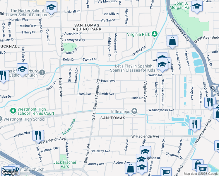 map of restaurants, bars, coffee shops, grocery stores, and more near 1161 Smith Avenue in Campbell