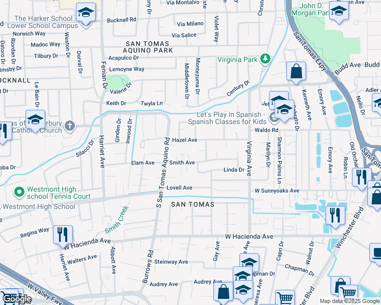 map of restaurants, bars, coffee shops, grocery stores, and more near 1143 Smith Avenue in Campbell