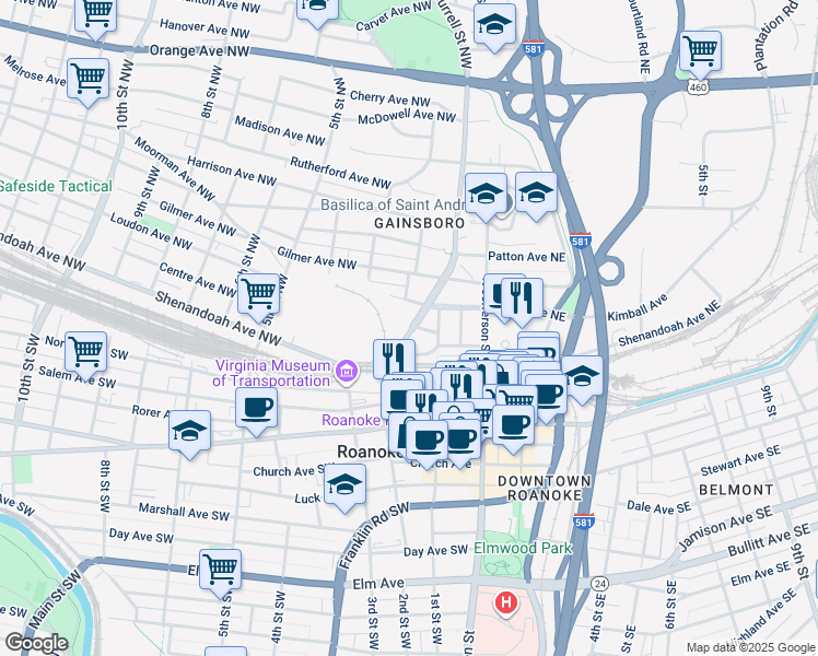 map of restaurants, bars, coffee shops, grocery stores, and more near 298 Loudon Avenue Northwest in Roanoke