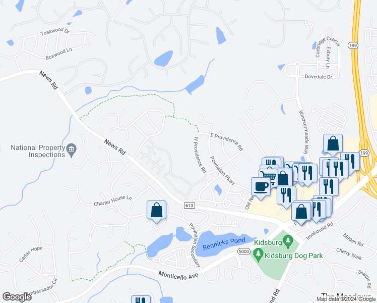 map of restaurants, bars, coffee shops, grocery stores, and more near 3931 West Providence Road in Williamsburg