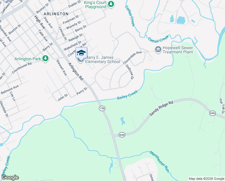 map of restaurants, bars, coffee shops, grocery stores, and more near 2358 Dellrose Drive in Hopewell
