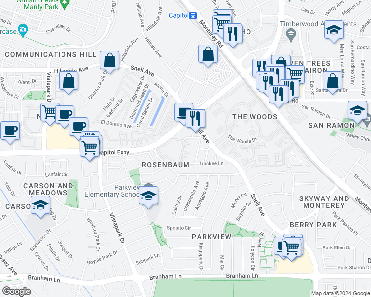 map of restaurants, bars, coffee shops, grocery stores, and more near in San Jose