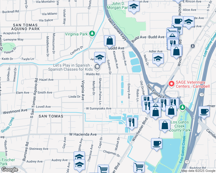 map of restaurants, bars, coffee shops, grocery stores, and more near 608 Gamma Court in Campbell