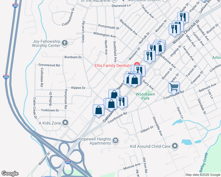 map of restaurants, bars, coffee shops, grocery stores, and more near 700 Dendron Street in Hopewell