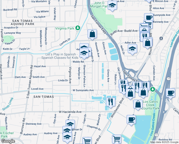 map of restaurants, bars, coffee shops, grocery stores, and more near 621 Laura Drive in Campbell