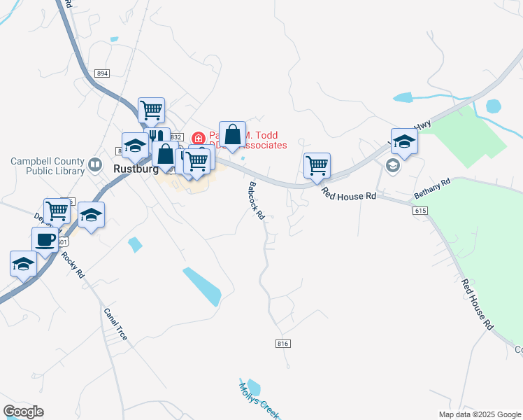 map of restaurants, bars, coffee shops, grocery stores, and more near 138 Babcock Road in Rustburg