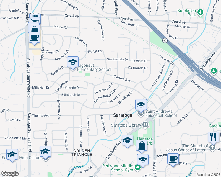 map of restaurants, bars, coffee shops, grocery stores, and more near 19866 Buckhaven Lane in Saratoga