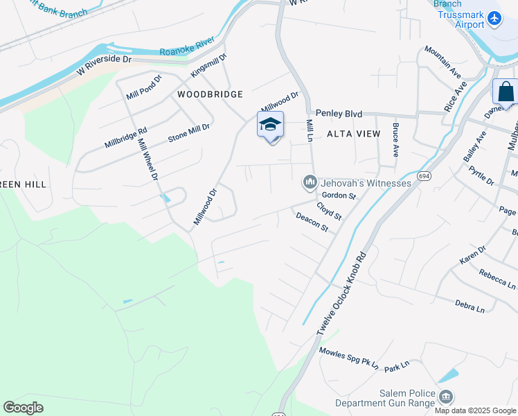 map of restaurants, bars, coffee shops, grocery stores, and more near 1707 Woodshill Ln in Salem