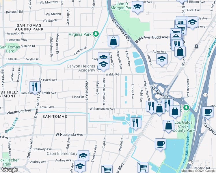map of restaurants, bars, coffee shops, grocery stores, and more near 629 Laura Drive in Campbell